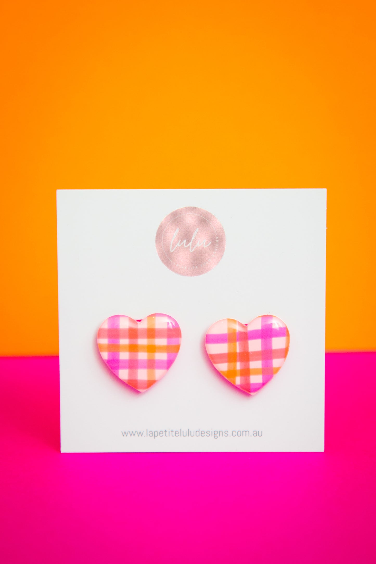 Heart Studs | Neon Abstract Gingham (White)