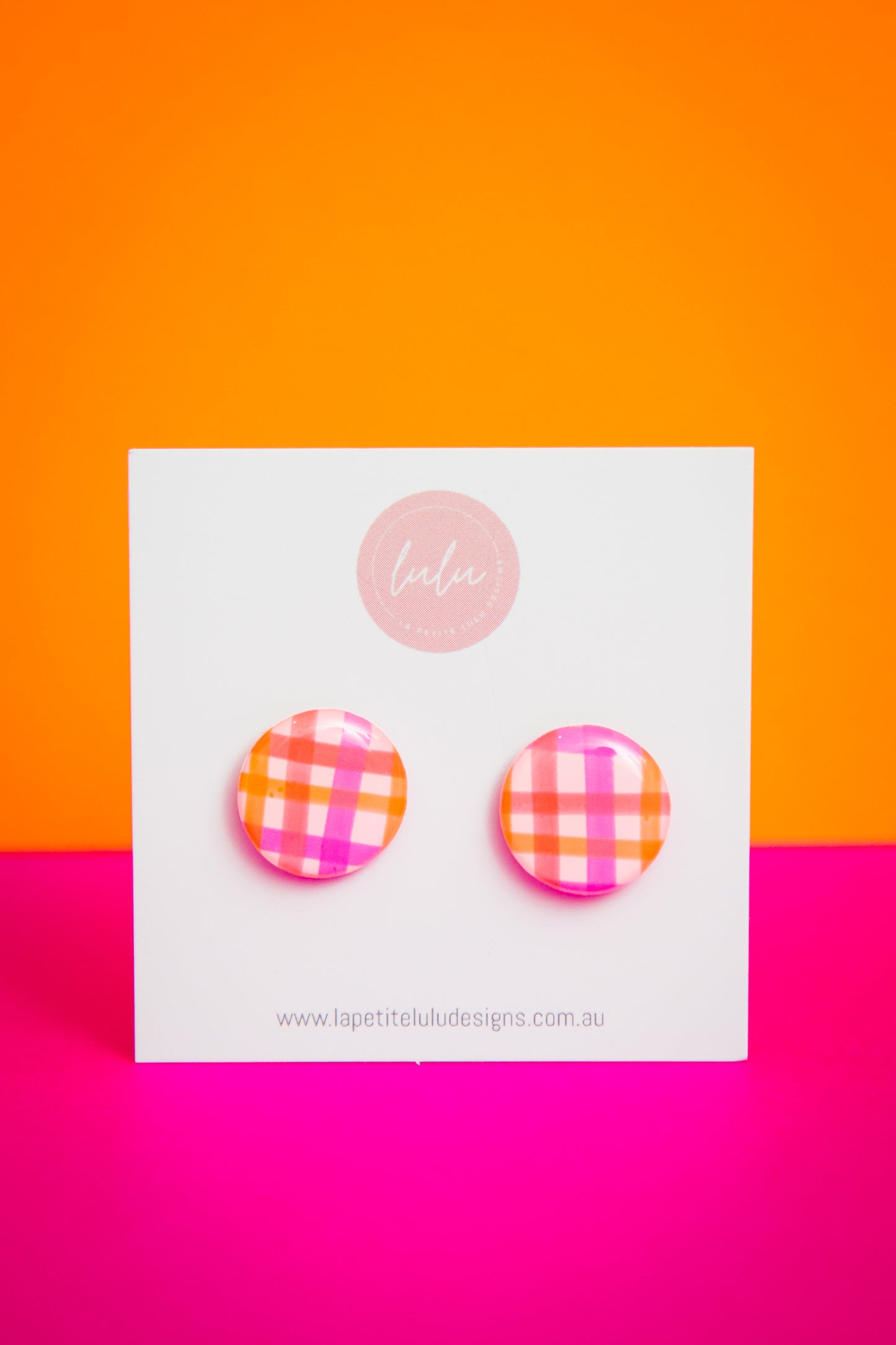Circle Studs | Neon Abstract Gingham (White)