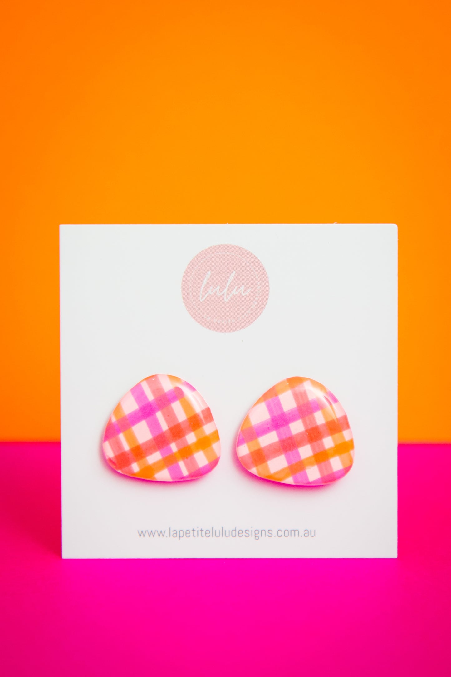 Pebble Studs | Neon Abstract Gingham (White)