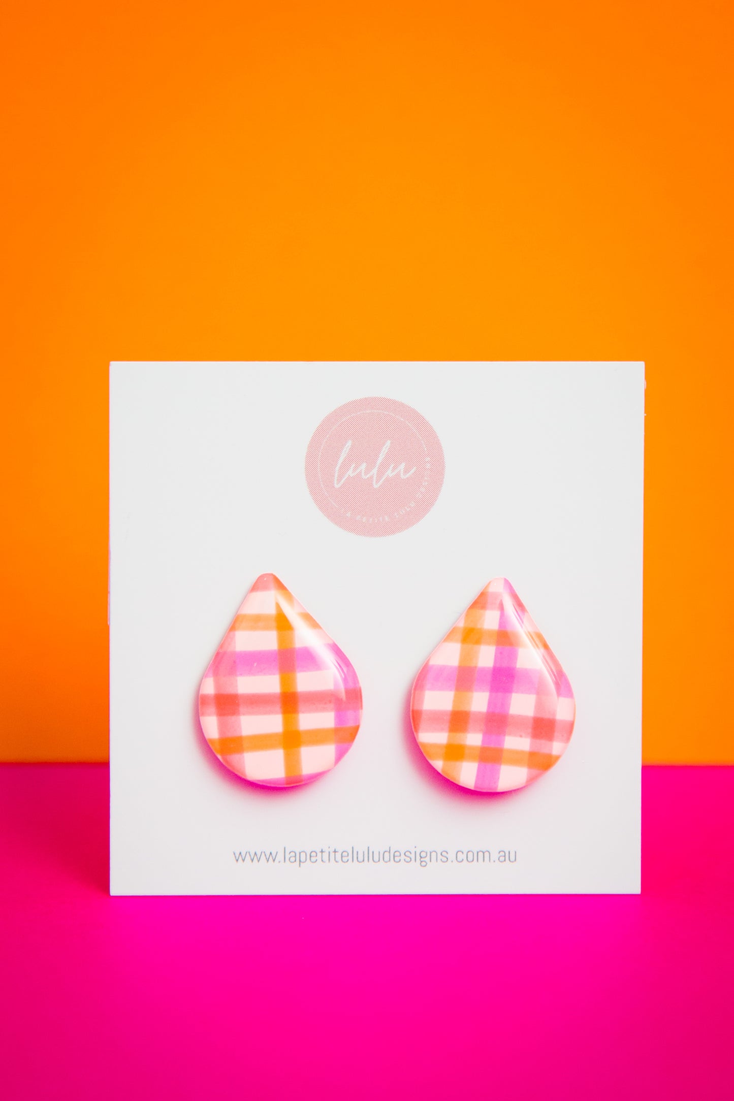 Teardrop Studs | Neon Abstract Gingham (White)