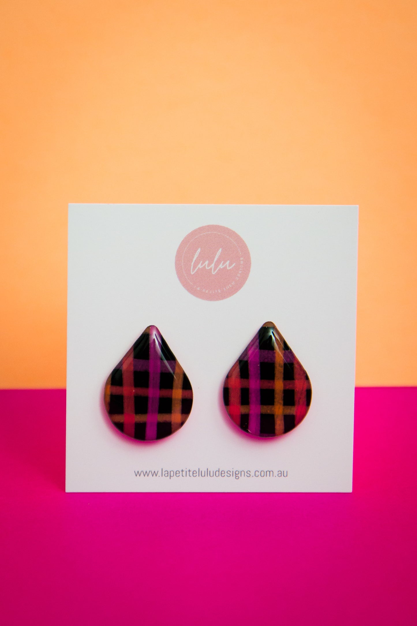Teardrop Studs | Neon Abstract Gingham (Black)