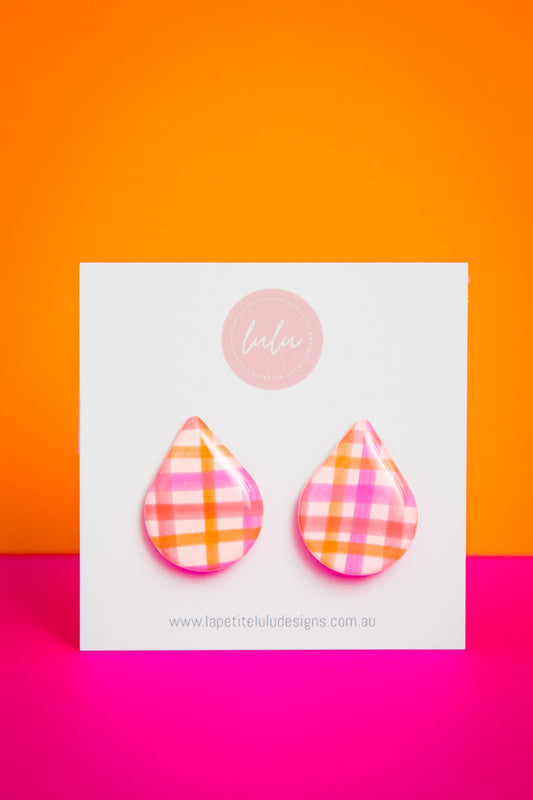 Teardrop Studs | Neon Abstract Gingham (White)