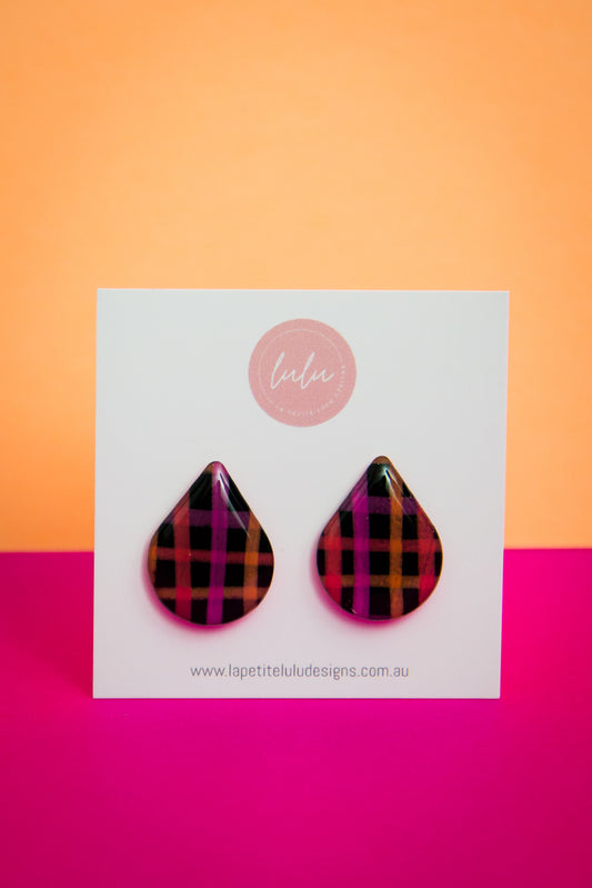 Teardrop Studs | Neon Abstract Gingham (Black)